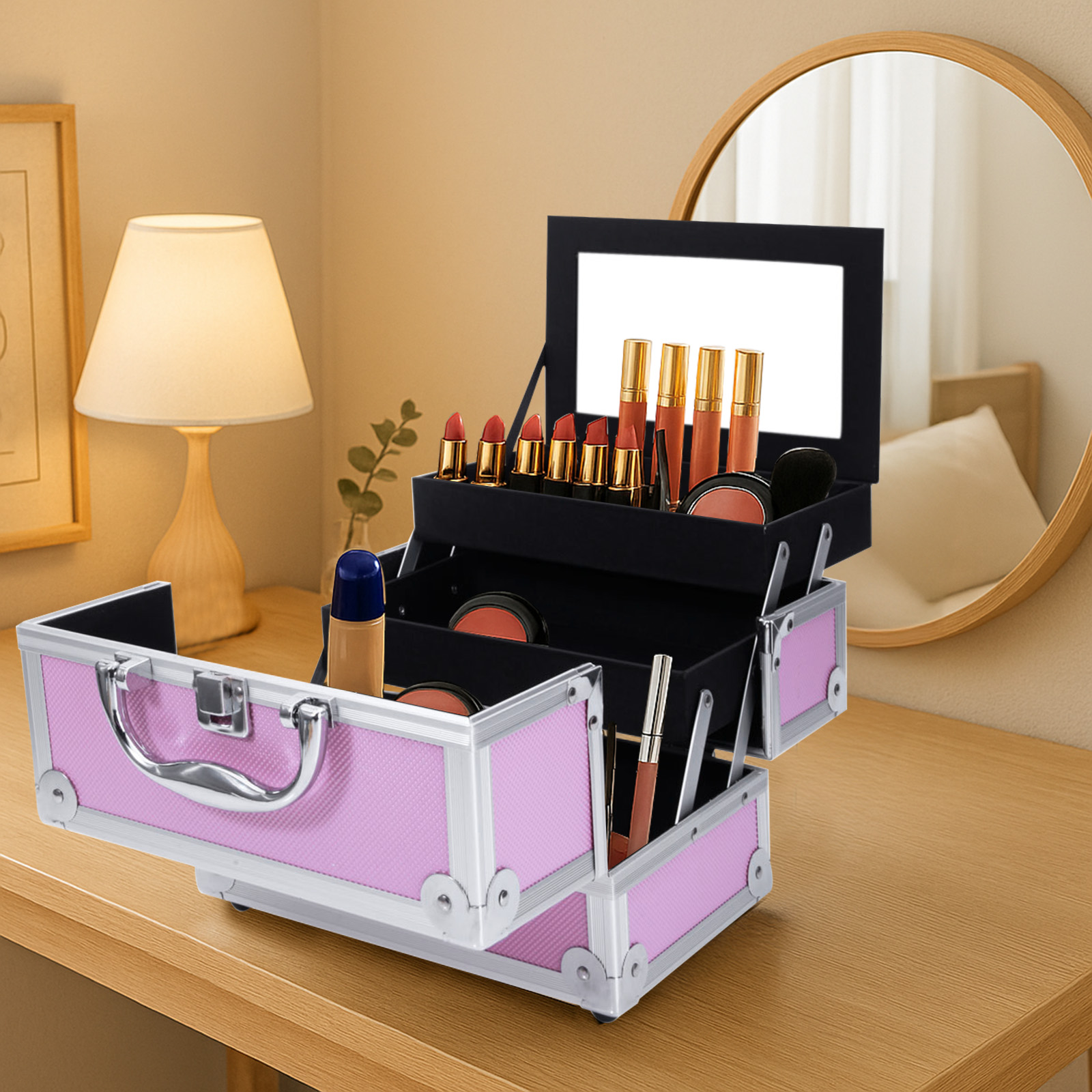 Pink Aluminum Alloy Makeup Cas - Beauty Makeup Box Set reseña y precio