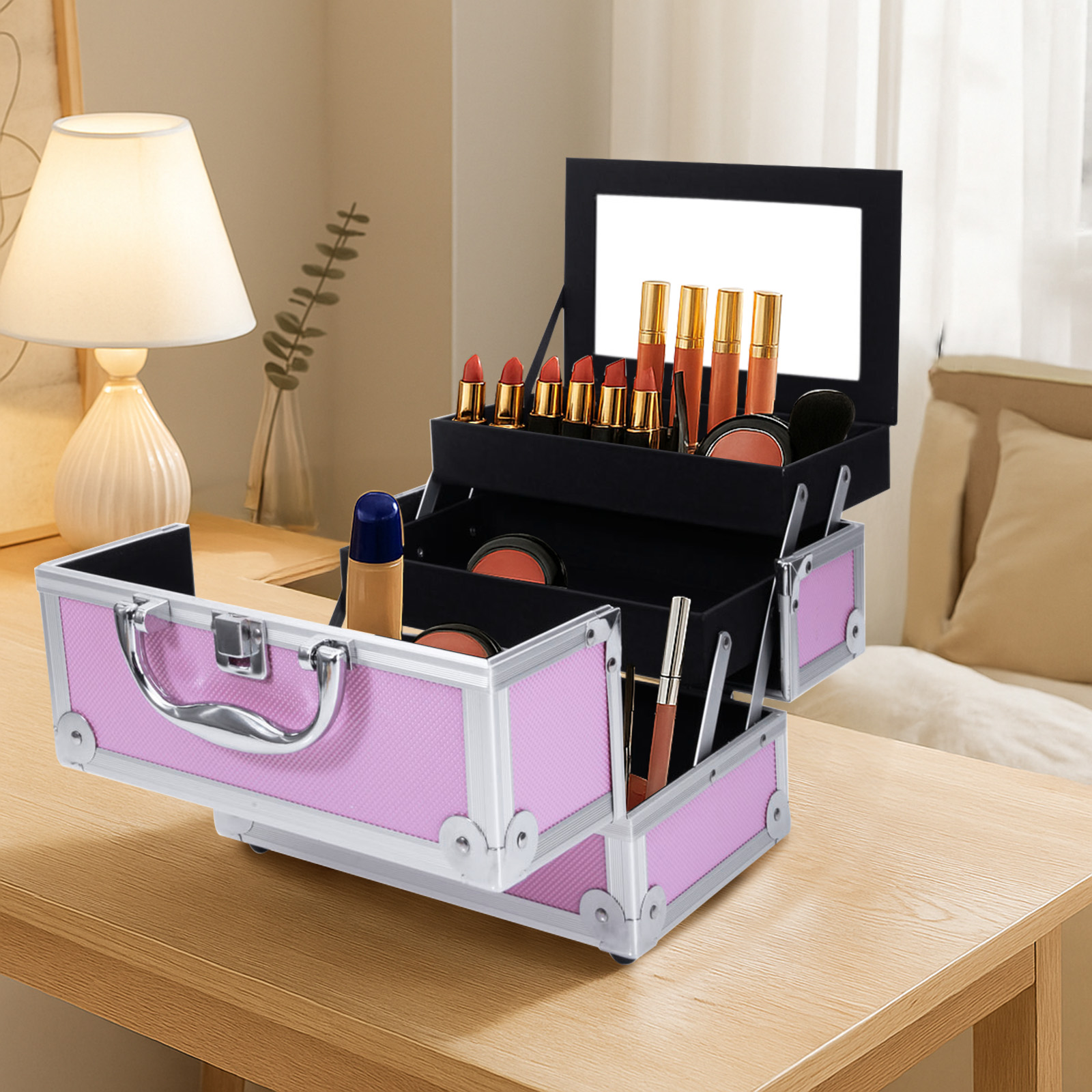 Pink Aluminum Alloy Makeup Cas - Beauty Makeup Box Set reseña y precio